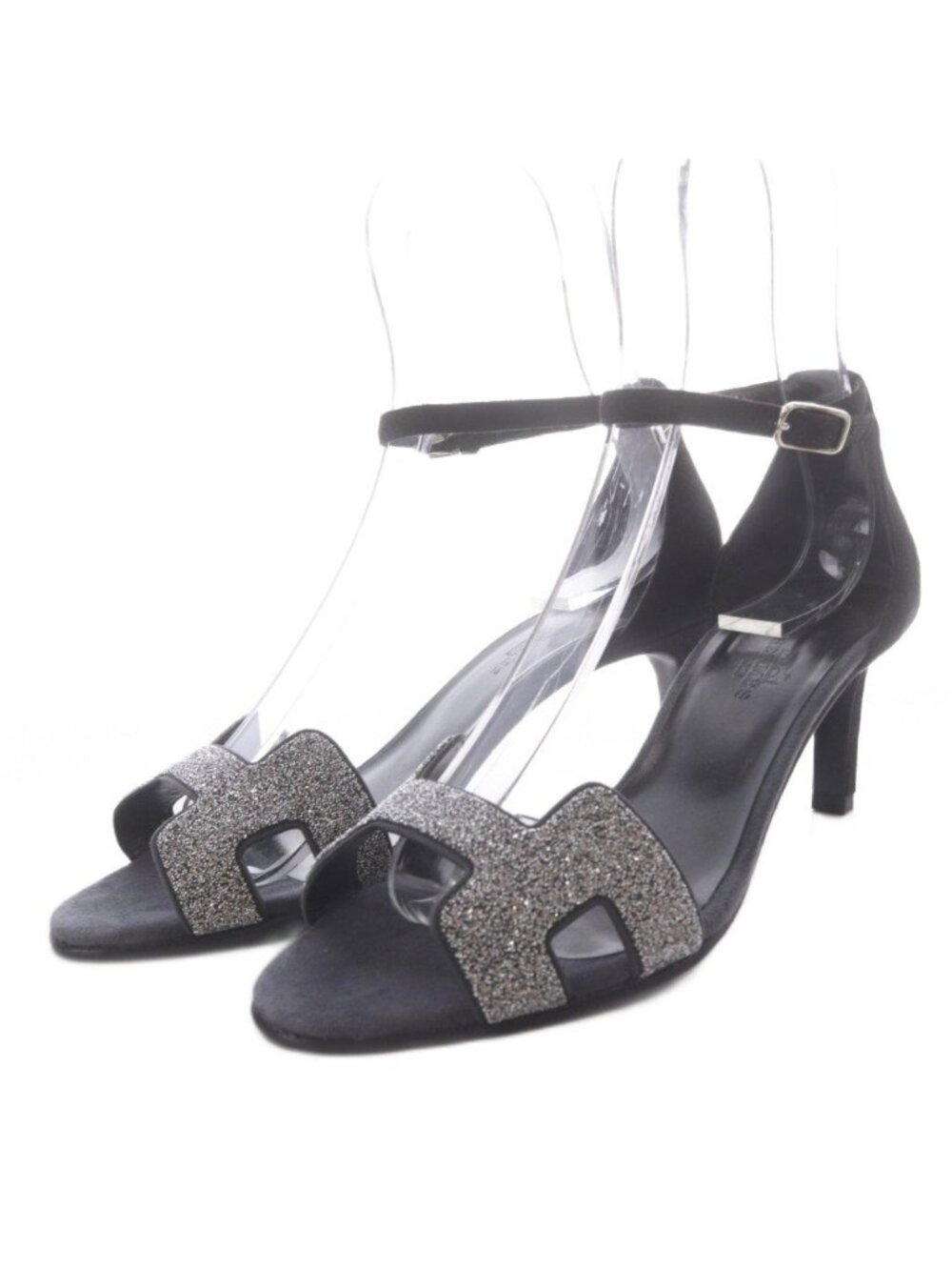Hermes Premiere 70 Sandals High Heels H Motif Glitter Strap Suede Black
